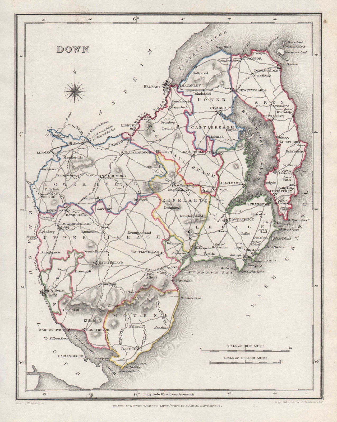 COUNTY DOWN antique map for LEWIS by CREIGHTON & DOWER. Ulster 1846 old